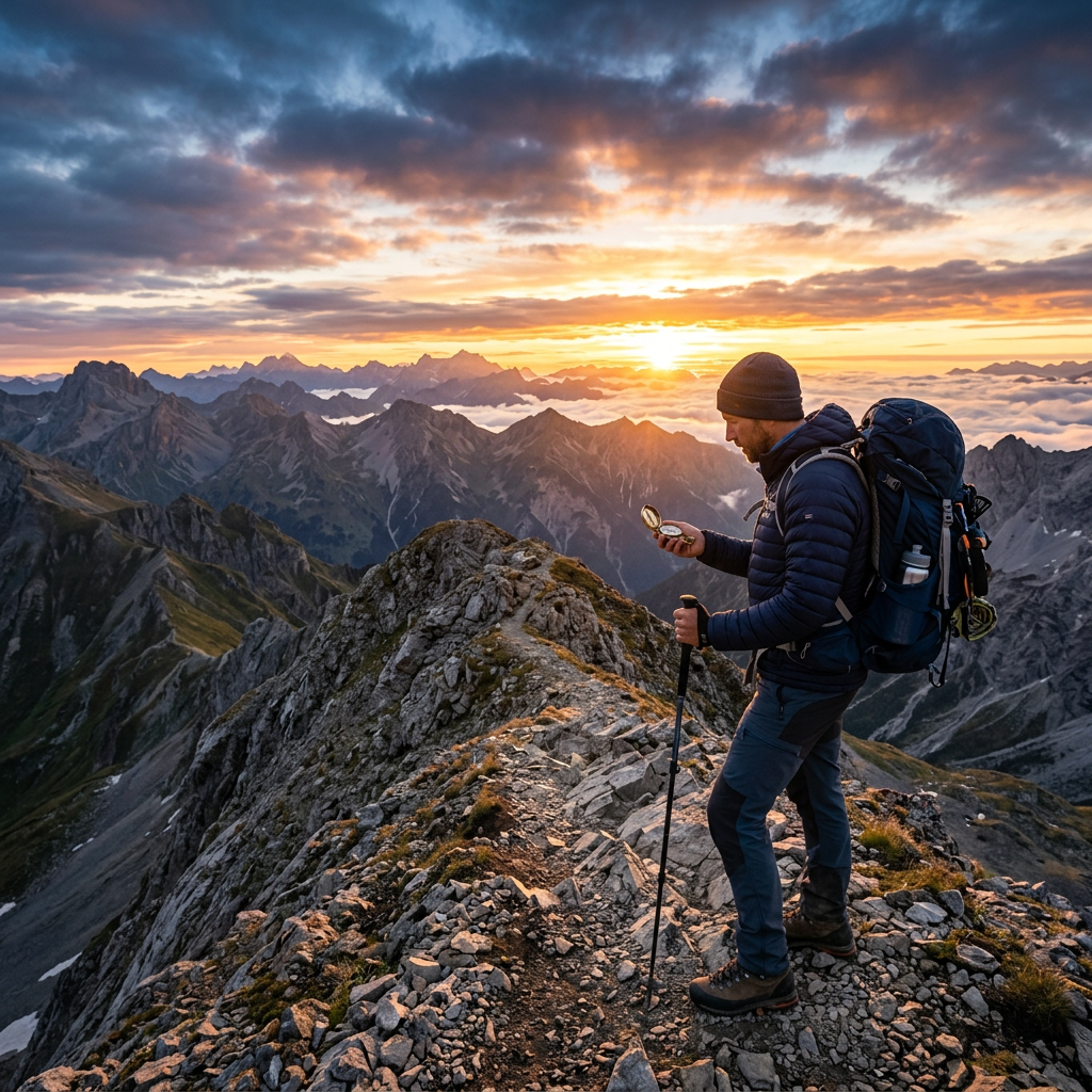 Hiker with backpack and trekking pole checking compass on rocky ridge during sunset